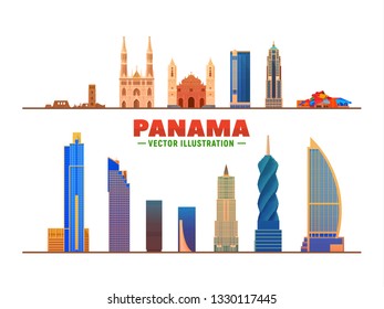 La ciudad de Panamá con panorama en fondo blanco. Ilustración vectorial. Concepto de viajes de negocios y turismo con edificios modernos. Imagen para presentación, banner, sitio web.