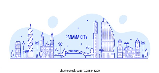 Panama City skyline, Republic of Panama. This illustration represents the city with its most notable buildings. Vector is fully editable, every object is holistic and movable