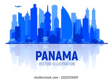 Panama city ( Panama ) skyline silhouette panorama in white background. Vector Illustration. Business travel and tourism concept with modern buildings. Image for presentation, banner, web site.