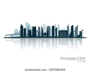 Silhouette en el horizonte de la ciudad de Panamá con reflexión. Paisaje Ciudad de Panamá. Ilustración vectorial.