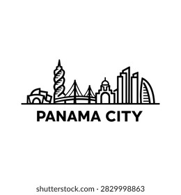 Panama City skyline with twisted tower, cable stayed bridge, modern skyscrapers, domed building and sail shaped high rise above a bold label