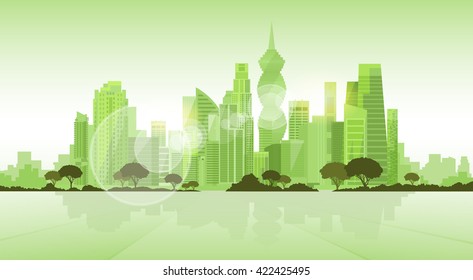 Panama City Skyscraper View Cityscape Background Skyline Green Silhouette Vector Illustration