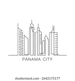 Panama City stroke, single art skyline. Continuous urban panorama silhouette outline, vector illustration of Panama capital with buildings, skyscrapers. Thin line icon, logo, card