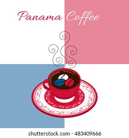 Panama coffee illustration vector. Coffee cup with floral decorated plate on colorful background. Concept for cafe banner or flyer, label, food poster, sticker or tourist souvenir postcard design.