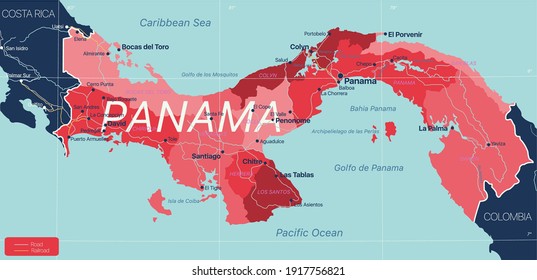 Mapa editable detallado del país panameño con las regiones ciudades y pueblos, carreteras y vías férreas, lugares geográficos. Archivo EPS-10 del vector