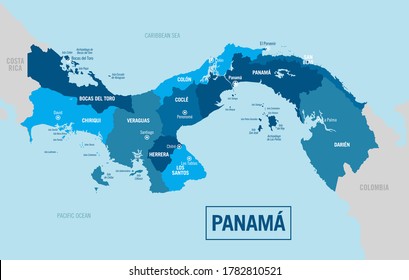 Mapa político de Panamá. Ilustración detallada de vectores con provincias, departamentos, regiones, ciudades y estados aislados, fácil de desagrupar.