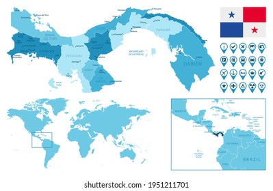 Panama detailed administrative blue map with country flag and location on the world map.