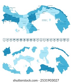 Panama - detailed map of the country in blue colors, divided into regions. Infographic icons. Vector illustration.