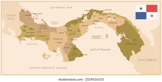 Panamá - mapa detalhado do país em cores marrons, dividido em regiões. Ilustração vetorial