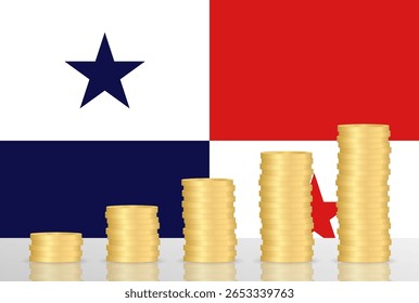 Economía de Panamá. Bandera de Panamá con Pila de Monedas. Concepto Financiero y de Inversión. Ilustración vectorial.  