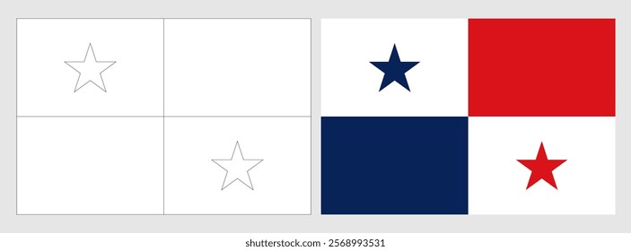 Panama flag - coloring page. Set of white wireframe thin black outline flag and original colored flag.
