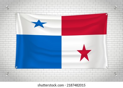 Bandera de Panamá colgando en la pared de ladrillos. Dibujo 3D. Bandera pegada a la pared. Dibujar cuidadosamente en grupos en capas separadas para facilitar la edición.