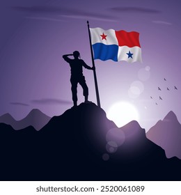 Panama Flag hoisted on a mountain peak with a purplish sunset in the background, vector illustration