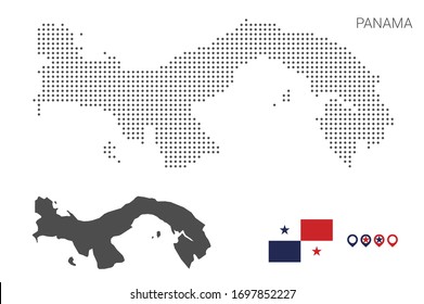 Panama flag with map dotted and pin.  Illustration for technology design or infographics. Isolated on white background. Travel vector illustration