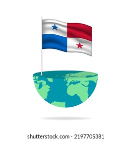 Panama flag pole on globe. Flag waving around the world. Easy editing and vector in groups. National flag vector illustration on white background.