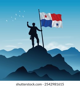 Bandeira do Panamá hasteada em um pico de montanha com céu claro no fundo, ilustração vetorial