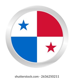 The Panama flag.  Silver frame. Circle flag icon logo. Round glossy. Flag icon. Standard color. Digital illustration. 