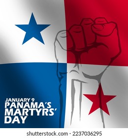 Bandera de Panamá ondeando con texto en negrita e ilustraciones de líneas de arte de un puño levantado para conmemorar el Día de los Mártires en Panamá el 9 de enero