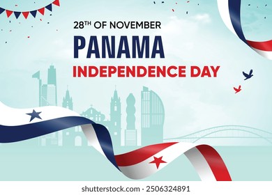 Panama Flag Waving On Skyline Background. Independence Day Concept Design Vector Illustration.