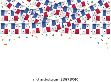Panama flags garland white background with confetti, Hang bunting for Panamanian Independence Day celebration template banner, Vector illustration