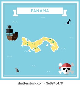 Panama flat treasure map. Colorful cartoon treasure map of Panama with flat icons of pirate ship, jolly roger, treasure chest and banner ribbon. Flat design vector illustration.