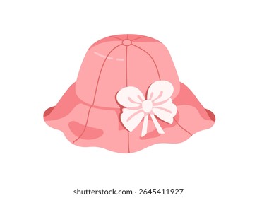 Panama, girls summer hat with ribbon bow. Kids sunhat with sun protection brim. Headwear for baby. Head clothing, accessory for beach and garden. Flat vector illustration isolated on white background