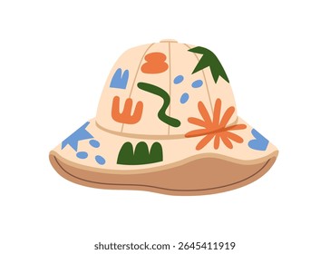 Panama hat with abstract pattern. Colorful summer sunhat for kids. Sun protection headwear with modern shapes print, brim. Head wear, clothing. Flat vector illustration isolated on white background