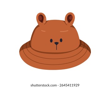 Panama hat with bear face and ears. Cute funny sunhat, beach cap for kids, children. Playful headwear design, summer accessory for sun protection. Flat vector illustration isolated on white background