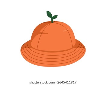 Panama hat, funny kids design. Orange fruit shape with leaf sprout, beach headwear, childish sunhat. Summer sun protection accessory with brim. Flat vector illustration isolated on white background