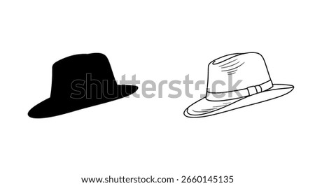 Panama hat illustration set featuring two vector icons, a solid black silhouette and a simple line art outline for summer fashion.