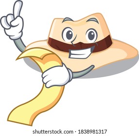 Panama hat mascot character style with a menu on his hand
