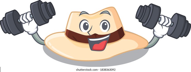 Panama hat mascot design feels happy lift up barbells during exercise