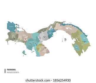 Panama detaillierte Karte mit Unterteilungen. Verwaltungskarte von Panama mit dem Namen der Bezirke und Städte, farbig nach Staaten und Verwaltungsbezirken. Vektorgrafik.