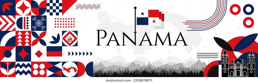 The Panama Independence Day abstract banner design with flag and map. Flag color theme geometric pattern retro modern Illustration design. Blue and red color template.