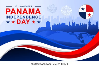 Panama Independence Day Illustration Vektorhintergrund. Panama Independence Day November 28 Vorlage mit Silhouetten von Gebäuden und gewellten Bändern thematisch in Panama Flagge Farben.