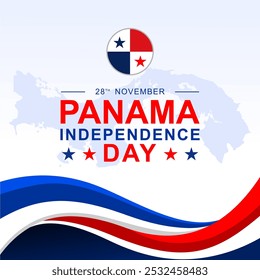 Panama Independence Day Illustration Vektorhintergrund. Panama Independence Day November 28 Vorlage mit Panama Karte Silhouette und gewellte Band themed in Panama Flagge Farben.