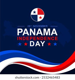 Fondo de Vector de ilustración del Día de la Independencia de Panamá. Día de la Independencia de Panamá 28 de noviembre Plantilla con silueta de mapa de Panamá y cinta ondulada temática en colores de la bandera de Panamá.