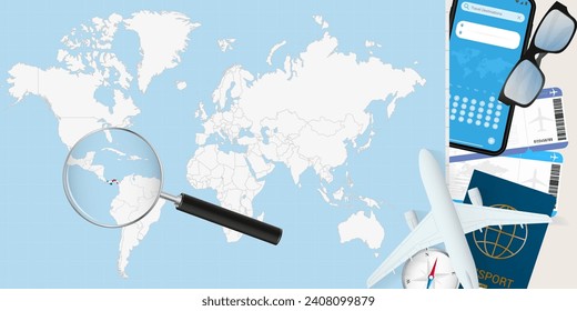 Panama is magnified over a World Map, illustration with airplane, passport, boarding pass, compass and eyeglasses. Vector illustration.