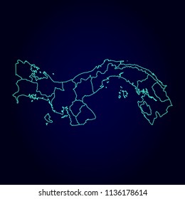 Panama map: blue glitter outline with sparkling stars on dark background. Detailed map of Panama. Vector illustration.