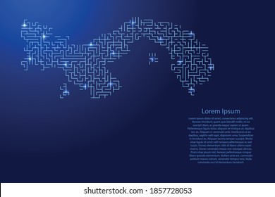 Panama map from blue pattern of the maze grid and glowing space stars grid. Vector illustration.