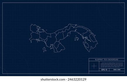 Panama Map with Blueprint Tech Style Background.