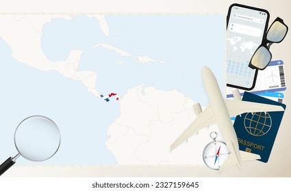 Panama map and flag, cargo plane on the detailed map of Panama with flag, passport, magnifying glass and airplane. Vector template.