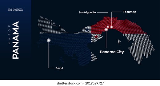 Panama map with flag info graphic. Abstract vector map of Panama with capital and major cities. Dots composition map on dark background.
