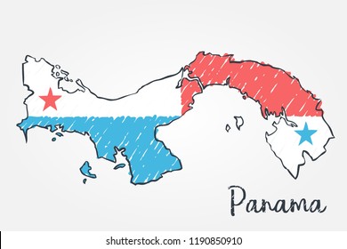Dibujo dibujado a mano en el mapa de Panamá. Indicador de ilustración de concepto de vector, dibujo de niños.