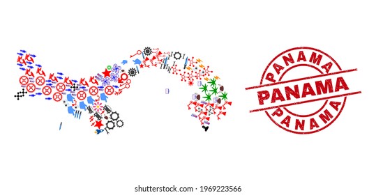 Panama map mosaic and Panama red circle stamp seal. Panama seal uses vector lines and arcs. Panama map mosaic contains helmets, homes, screwdrivers, bugs, wine glasses, and more pictograms.