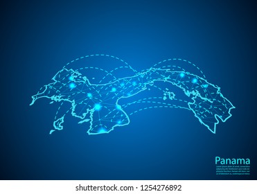 panama map with nodes linked by lines. concept of global communication and business. Dark panama map created from white dots with travel locations or internet connection.