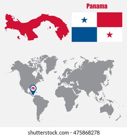 Panama map on a world map with flag and map pointer. Vector illustration
