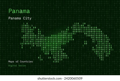 Mapa de Panamá mostrado en el patrón de código binario. TSMC. Números de la matriz verde, cero, uno. Mapas de vectores de países mundiales. Serie digital