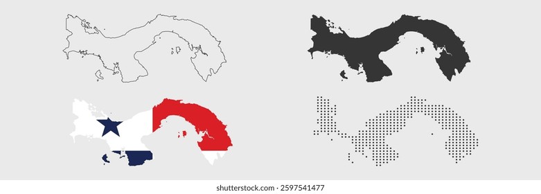 Panama map in various style outline, grey, flag color, and dotted