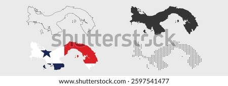 Panama map in various style outline, grey, flag color, and dotted